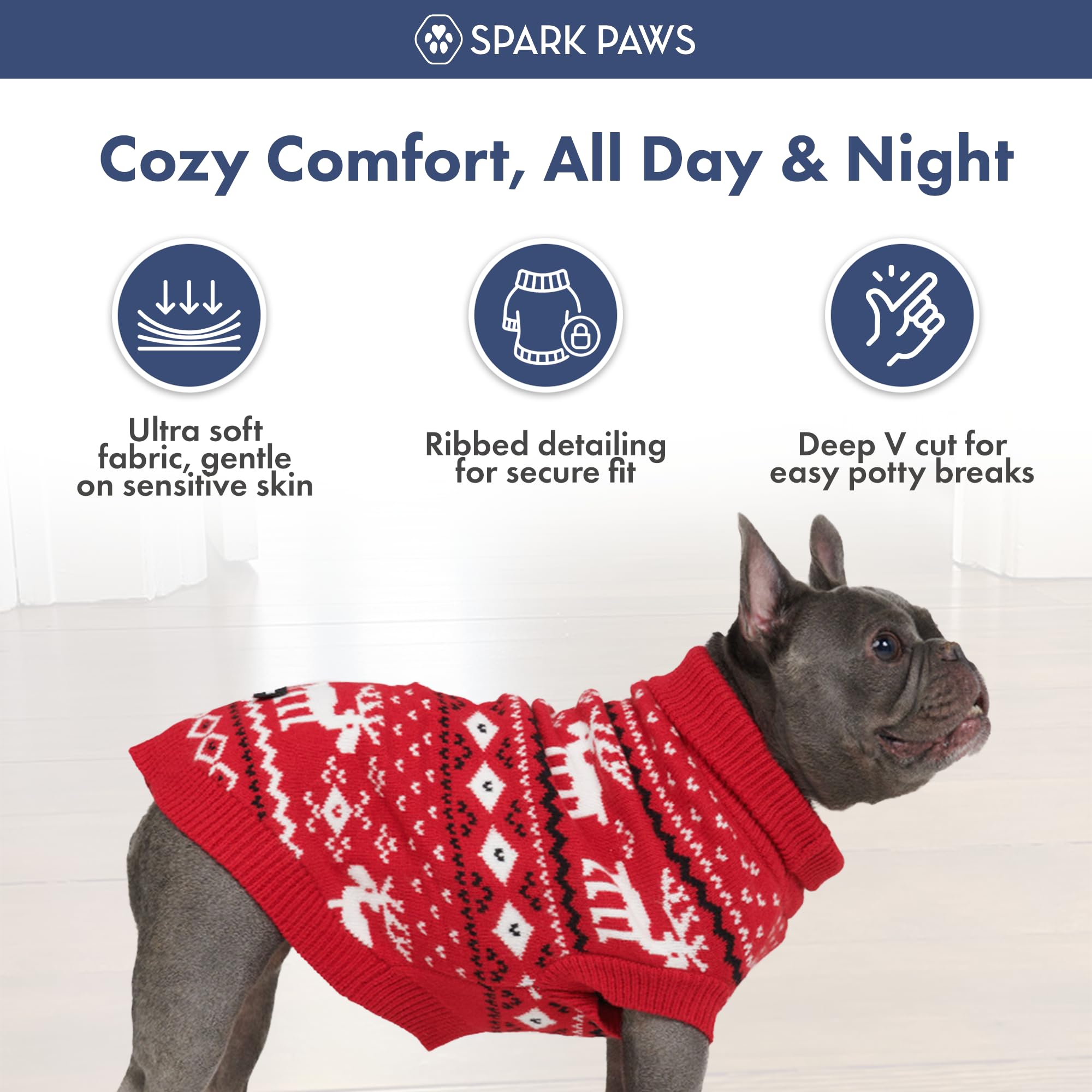 Spark Paws Christmas Dog Sweater – Ultra Soft Holiday Knit Sweater for Small, Medium & Large Dogs, Cute Pet Sweater for French Bulldogs & Big Dogs, Easy Potty V Cut Design Jacket - (Dasher Red,XL) - Image 7