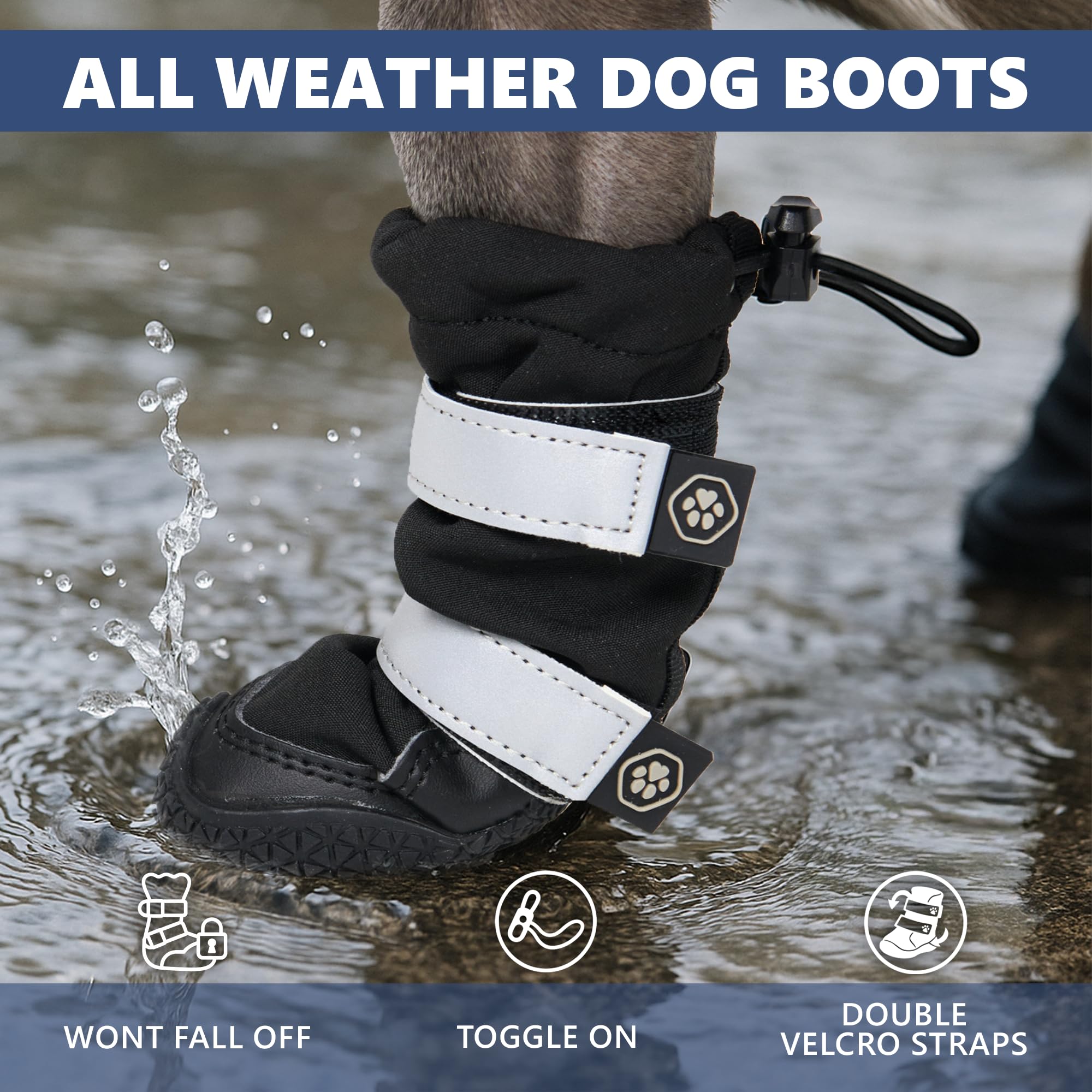 Spark Paws Dog Rainboots, Waterproof Dog Shoes for Medium to Large Dogs, Non Slip, Dog Booties and Paw Protectors - 4PCS Doggie Hiking Boots with Reflective Straps - Black - Size 7 - Image 3