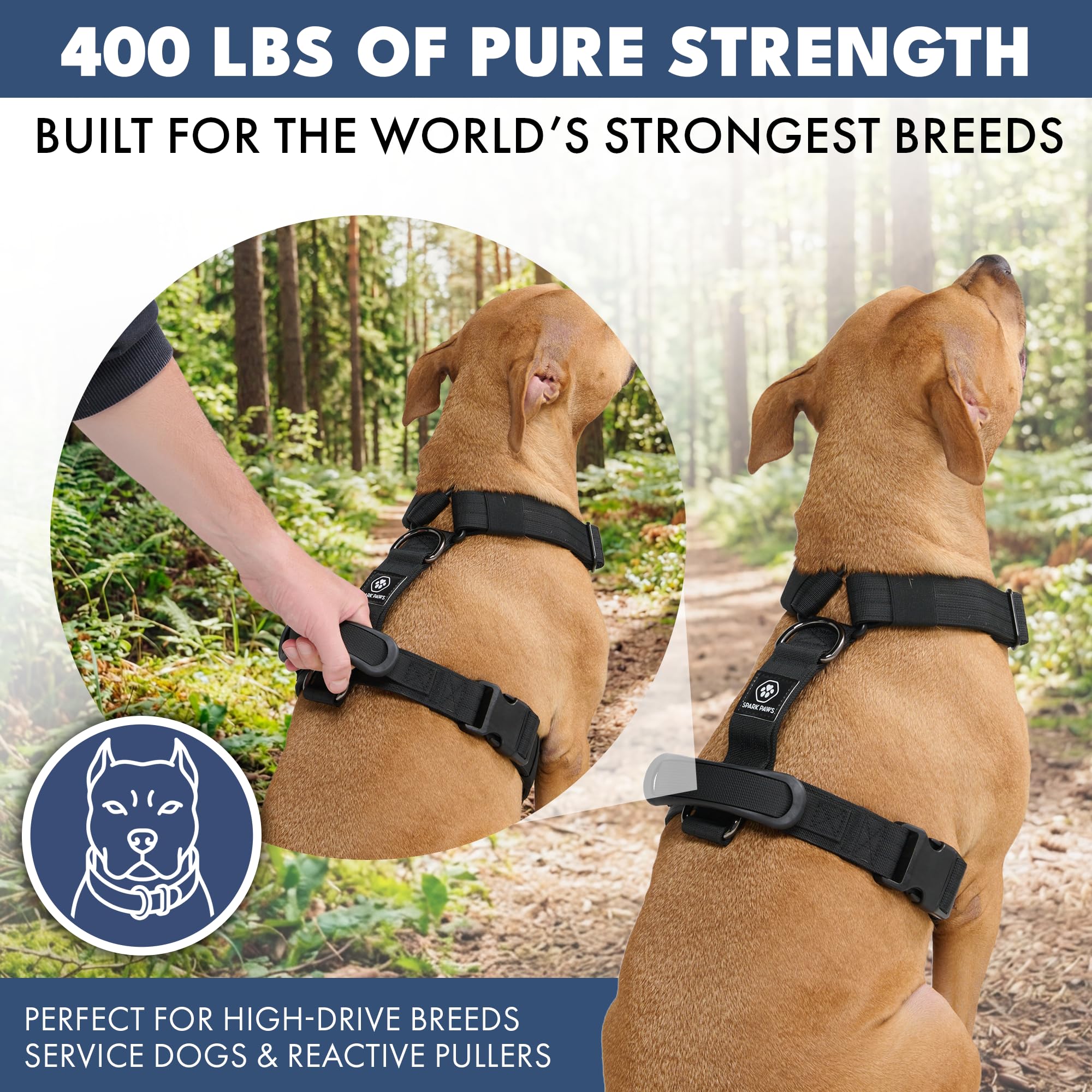 Spark Paws No Pull Dog Harness with Handle for Large Dogs, Heavy Duty Dog Harness for Big Strong Breeds, Adjustable, Y Shaped Padded Halter Design with Front Clip - Black - S - Image 4