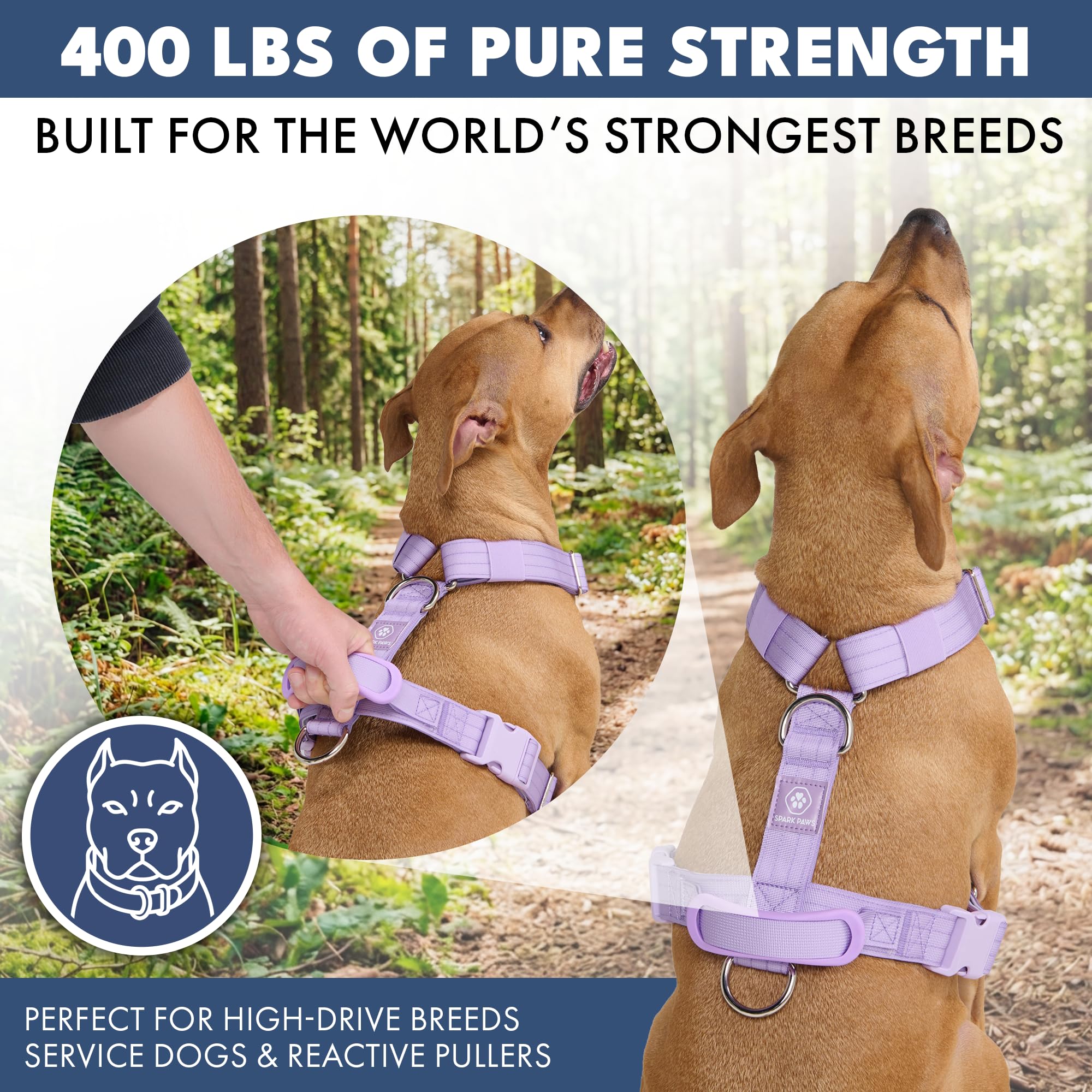 Spark Paws No Pull Dog Harness with Handle for Large Dogs, Heavy Duty Dog Harness for Big Strong Breeds, Adjustable, Y Shaped Padded Halter Design with Front Clip - Lilac - S - Image 4