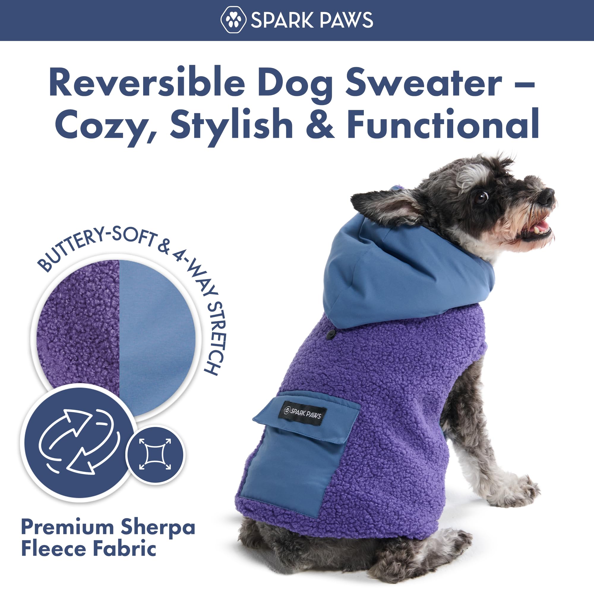 Spark Paws Reversible Dog Hoodie, Sweater for Winter Cold, Warm Clothes for Small Medium Large Breeds - Purple and Navy Blue - L - Image 3