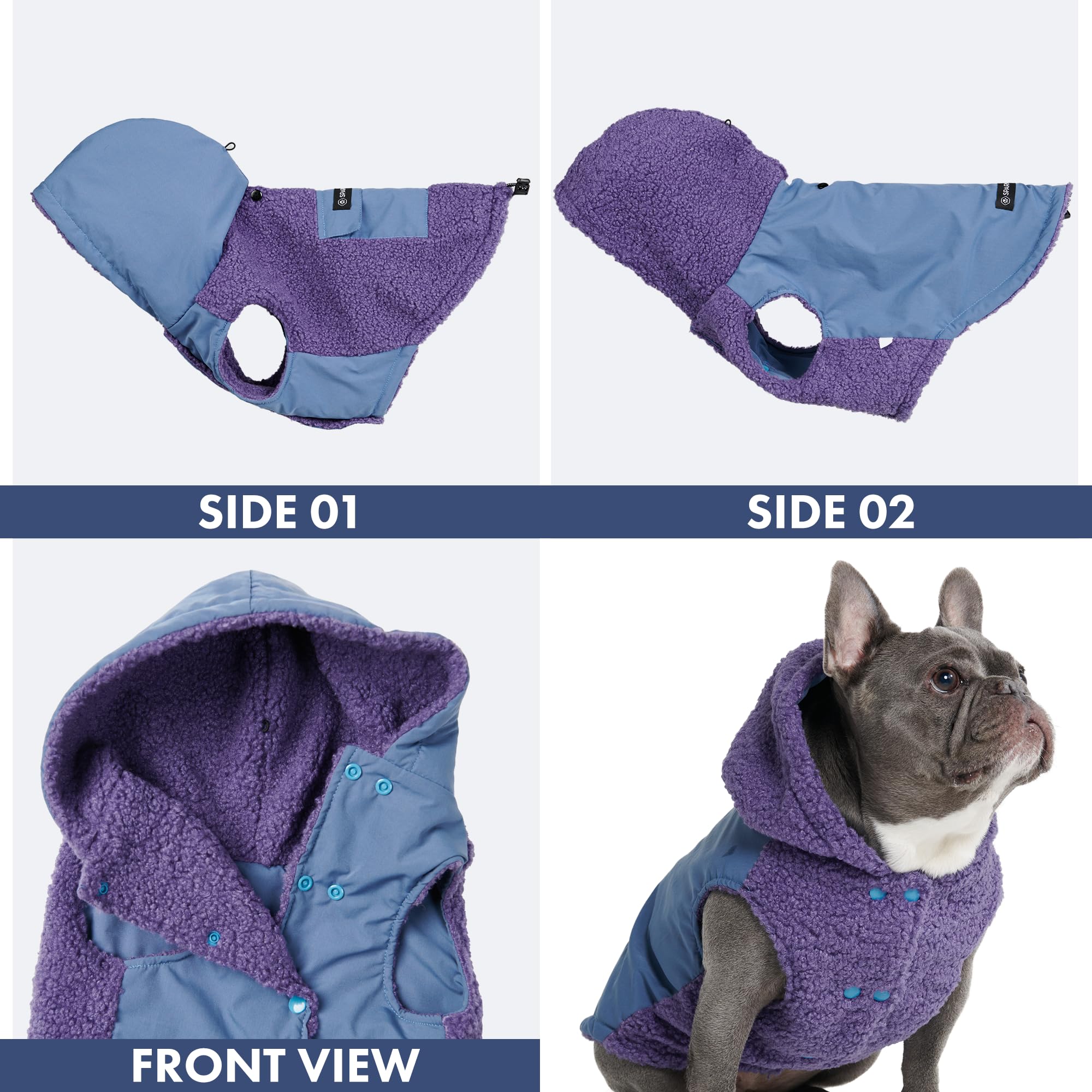 Spark Paws Reversible Dog Hoodie, Sweater for Winter Cold, Warm Clothes for Small Medium Large Breeds - Purple and Navy Blue - L - Image 5