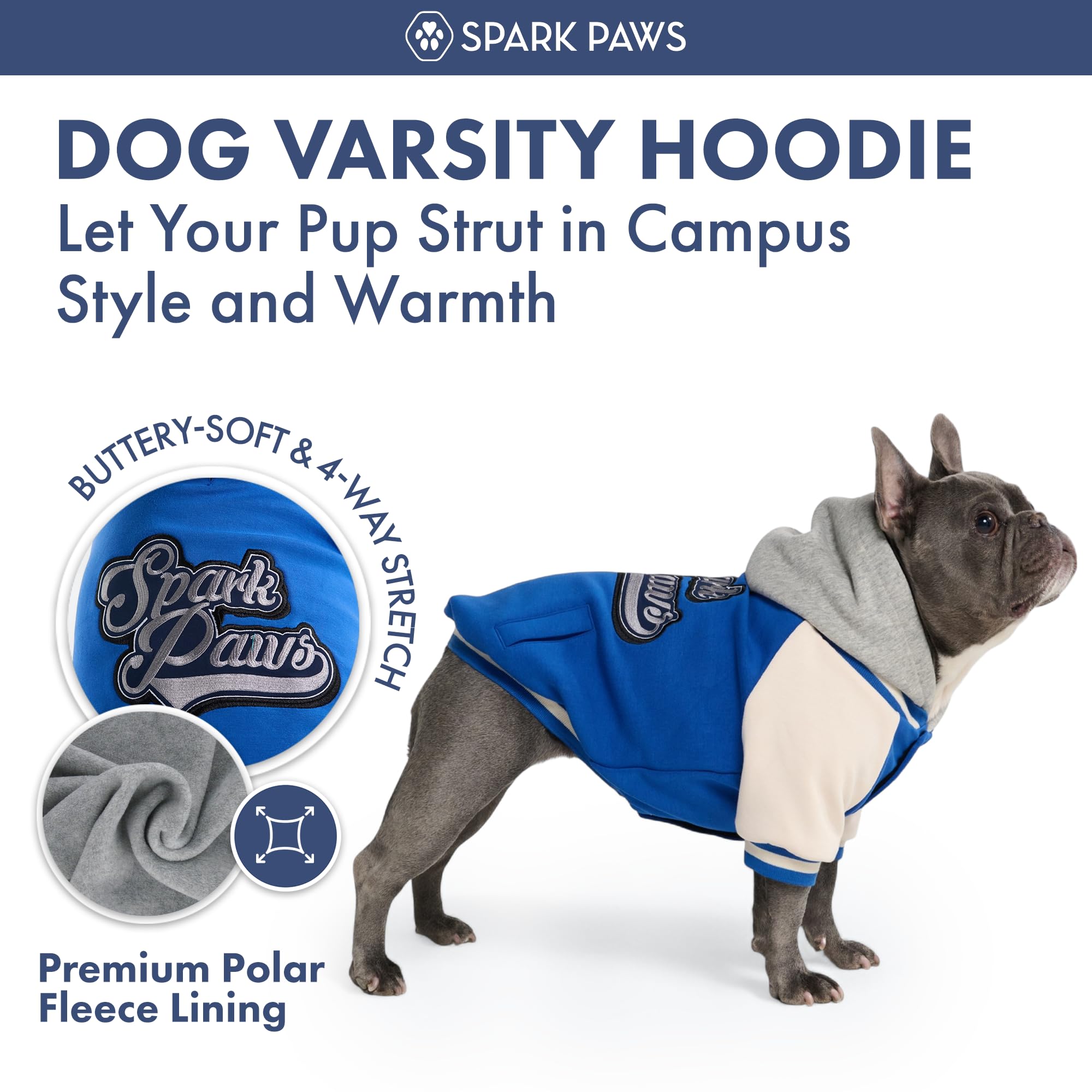Spark Paws Varsity Dog Hoodie – Premium Dog Sweater for Small, Medium, and Large Dogs | Warm Clothes for Pets, Winter Jacket Alternative - Blue - 5XL - Image 3